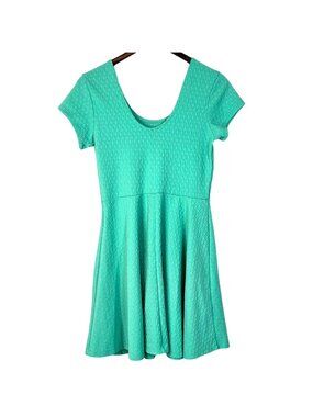 Derek Teal Turquoise Blue Jacquard Knit Short Sleeve Skater Fit & Flare Dress L